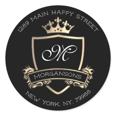 Monogram Return Address Crown Royal Gold Black Classic Round Sticker