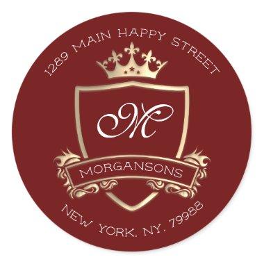 Monogram Return Address Crown Royal Gold Burgundy Classic Round Sticker