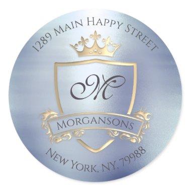 Monogram Return Address Crown Royal Gold Gray Blue Classic Round Sticker