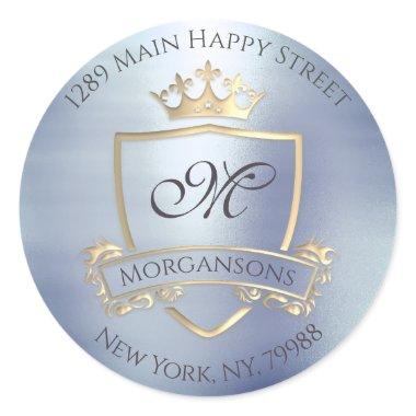 Monogram Return Address Crown Royal Gold Gray Blue Classic Round Sticker