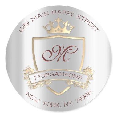 Monogram Return Address Crown Royal Gold Gray Rose Classic Round Sticker