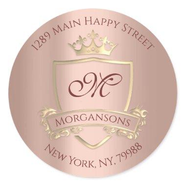 Monogram Return Address Crown Royal Gold Lux Rose Classic Round Sticker