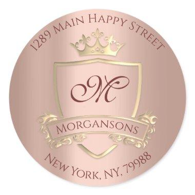 Monogram Return Address Crown Royal Gold Lux Rose Classic Round Sticker