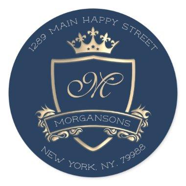 Monogram Return Address Crown Royal Gold Navy Classic Round Sticker