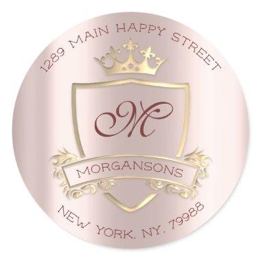 Monogram Return Address Crown Royal Gold Pink Rose Classic Round Sticker