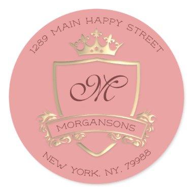 Monogram Return Address Crown Royal Gold Pink RSVP Classic Round Sticker