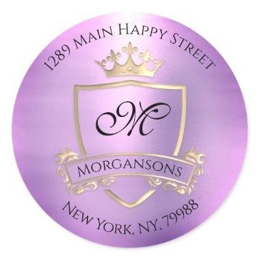 Monogram Return Address Crown Royal Gold Violet Classic Round Sticker