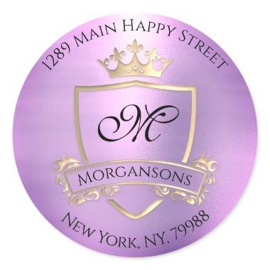 Monogram Return Address Crown Royal Gold Violet Classic Round Sticker