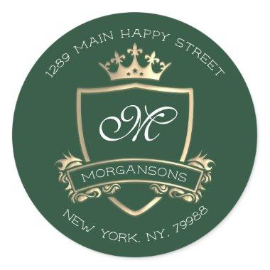 Monogram Return Address Crown Royal Gold Woodland Classic Round Sticker