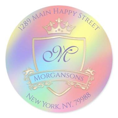 Monogram Return Address Crown Royal Holograph Gold Classic Round Sticker