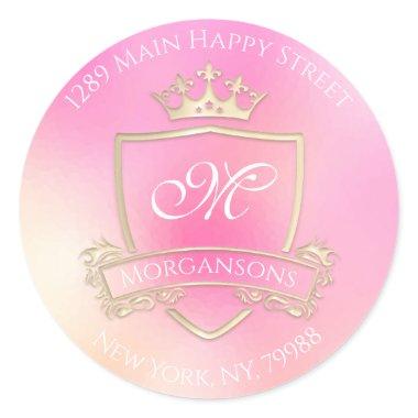 Monogram Return Address Crown Royal Holograph Pink Classic Round Sticker