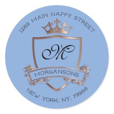 Monogram Return Address Crown Royal Rose Blue Classic Round Sticker