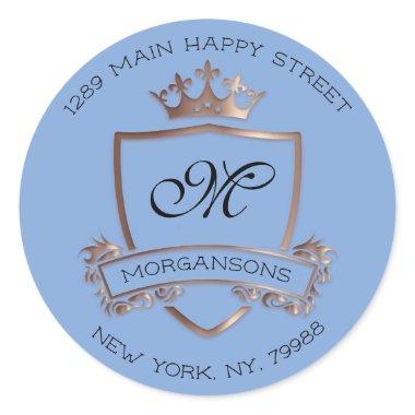 Monogram Return Address Crown Royal Rose Blue Classic Round Sticker