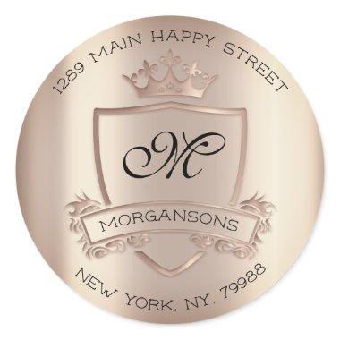 Monogram Return Address Crown Royal Rose Blush Classic Round Sticker