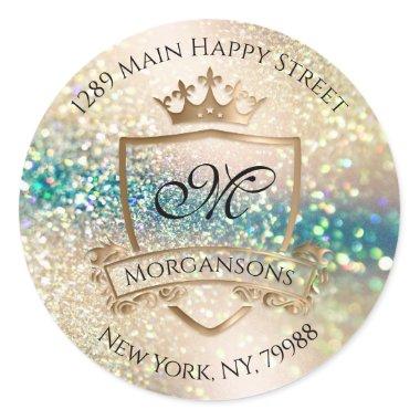 Monogram Return Address Crown Royal Rose Glitter Classic Round Sticker