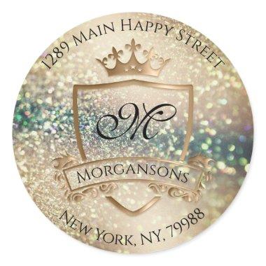 Monogram Return Address Crown Royal Rose Glitters Classic Round Sticker