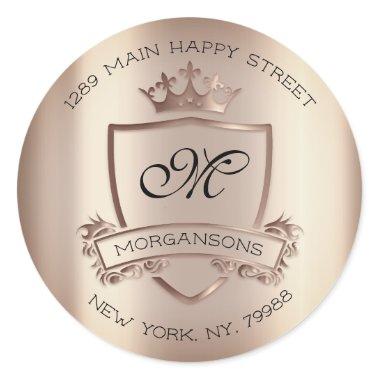 Monogram Return Address Crown Royal Rose Gold Classic Round Sticker