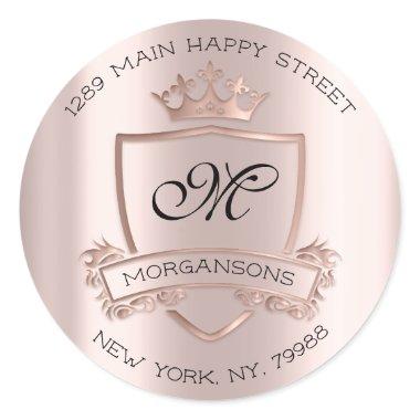 Monogram Return Address Crown Royal Rose Wedding Classic Round Sticker