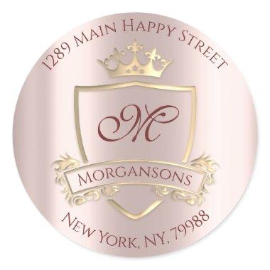 Monogram Return Address Crown Royal RSVP Lux Rose Classic Round Sticker