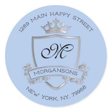 Monogram Return Address Crown Royal Silver Blue Classic Round Sticker