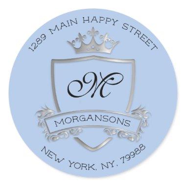 Monogram Return Address Crown Royal Silver Blue Classic Round Sticker