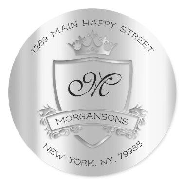 Monogram Return Address Crown Royal Silver Gray Classic Round Sticker
