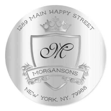 Monogram Return Address Crown Royal Silver Gray Classic Round Sticker