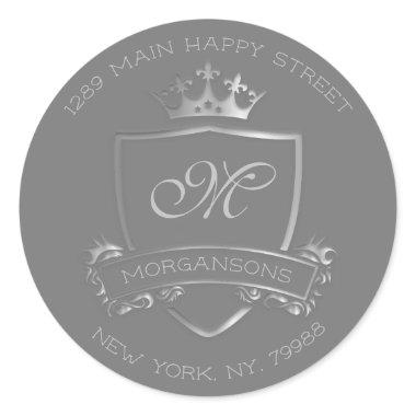 Monogram Return Address Crown Royal Silver Grey Classic Round Sticker