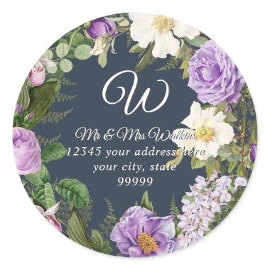 Monogram Return Address Lavender Peony Floral Classic Round Sticker