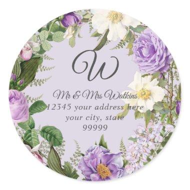 Monogram Return Address Lavender Peony Roses Classic Round Sticker