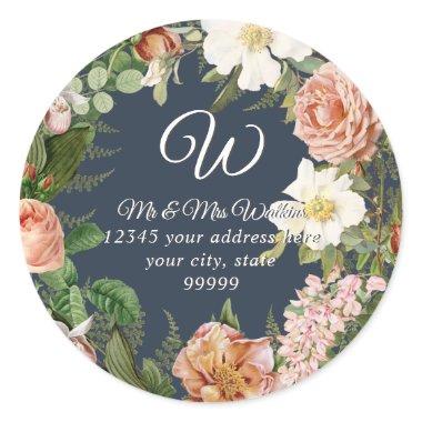 Monogram Return Address Navy Ivory Peony Floral Classic Round Sticker