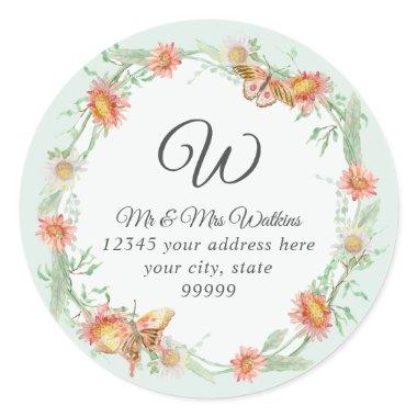 Monogram Return Address Peach Mint Coral Floral Classic Round Sticker