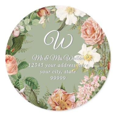 Monogram Return Address Sage Coral Peony Floral Classic Round Sticker