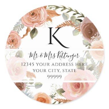 Monogram Return Address Watercolor Floral Blush Classic Round Sticker