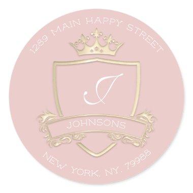 Monogram Rose Gold Crown Royal RSVP Return Address Classic Round Sticker