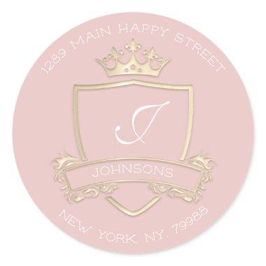 Monogram Rose Gold Crown Royal RSVP Return Address Classic Round Sticker