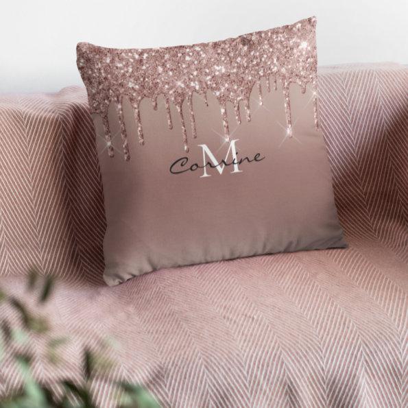 Monogram Rose Gold Dripping Glitter Metallic Pink Throw Pillow