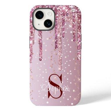 Monogram Rose Gold Dripping Glitter Sparkles Case-Mate iPhone 14 Case