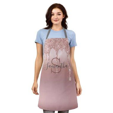Monogram Rose Gold Glitter Drip Blush Pink Trendy Apron