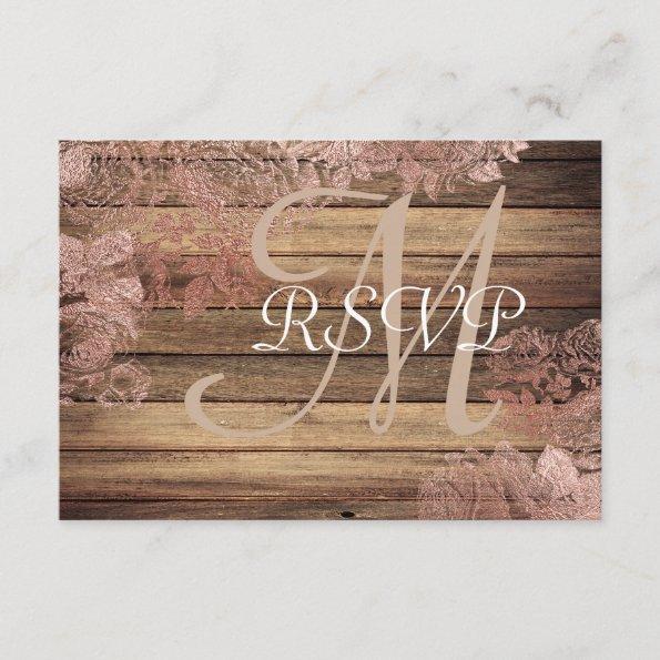 Monogram Rustic Wood Rose Lace Wedding RSVP