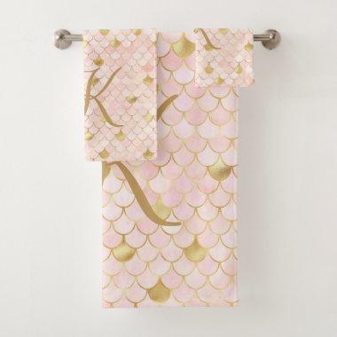 Monogram Script Blush Pink Gold Mermaid Scales Bath Towel Set