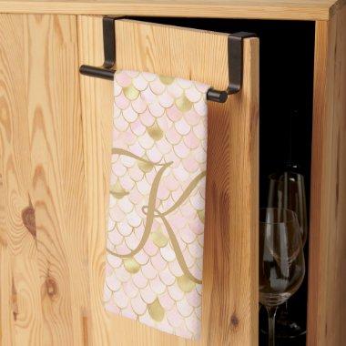 Monogram Script Blush Pink Gold Mermaid Scales Kitchen Towel