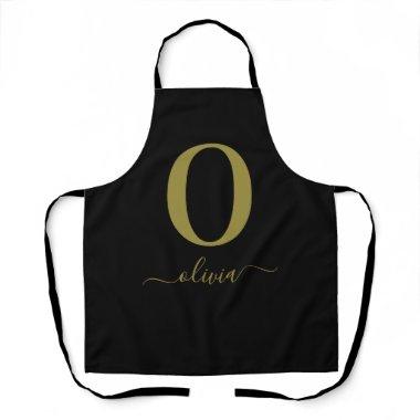 Monogram Script Name Personalized Black And Gold Apron