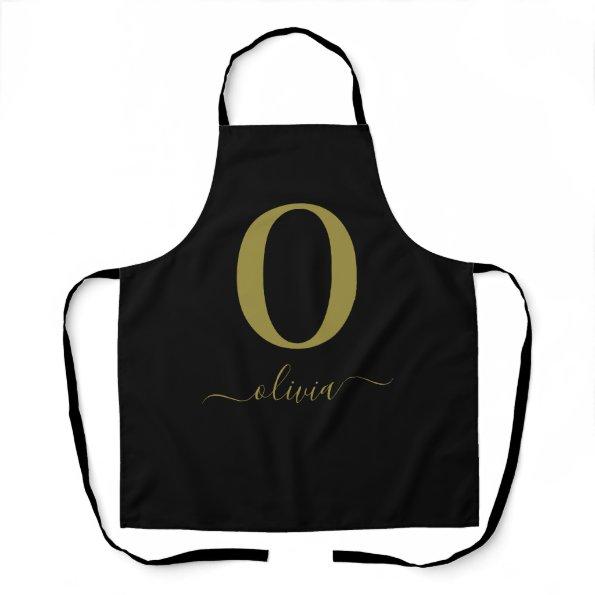 Monogram Script Name Personalized Black And Gold Apron
