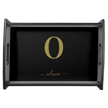 Monogram Script Name Personalized Black And Gold Serving Tray