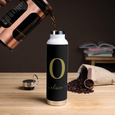 Monogram Script Name Personalized Black And Gold Water Bottle