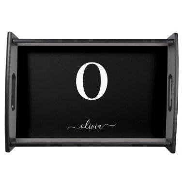 Monogram Script Name Personalized Black And White Serving Tray
