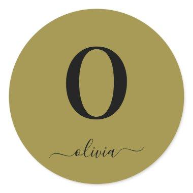 Monogram Script Name Personalized Gold And Black Classic Round Sticker