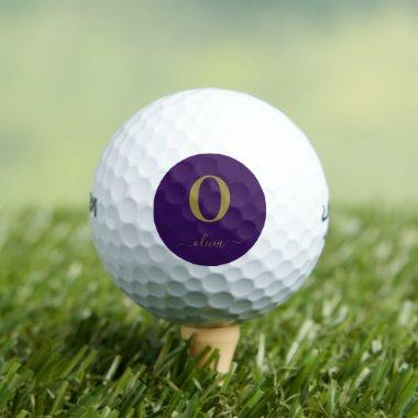 Monogram Script Name Personalized Purple And Gold Golf Balls