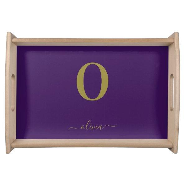 Monogram Script Name Personalized Purple And Gold Serving Tray